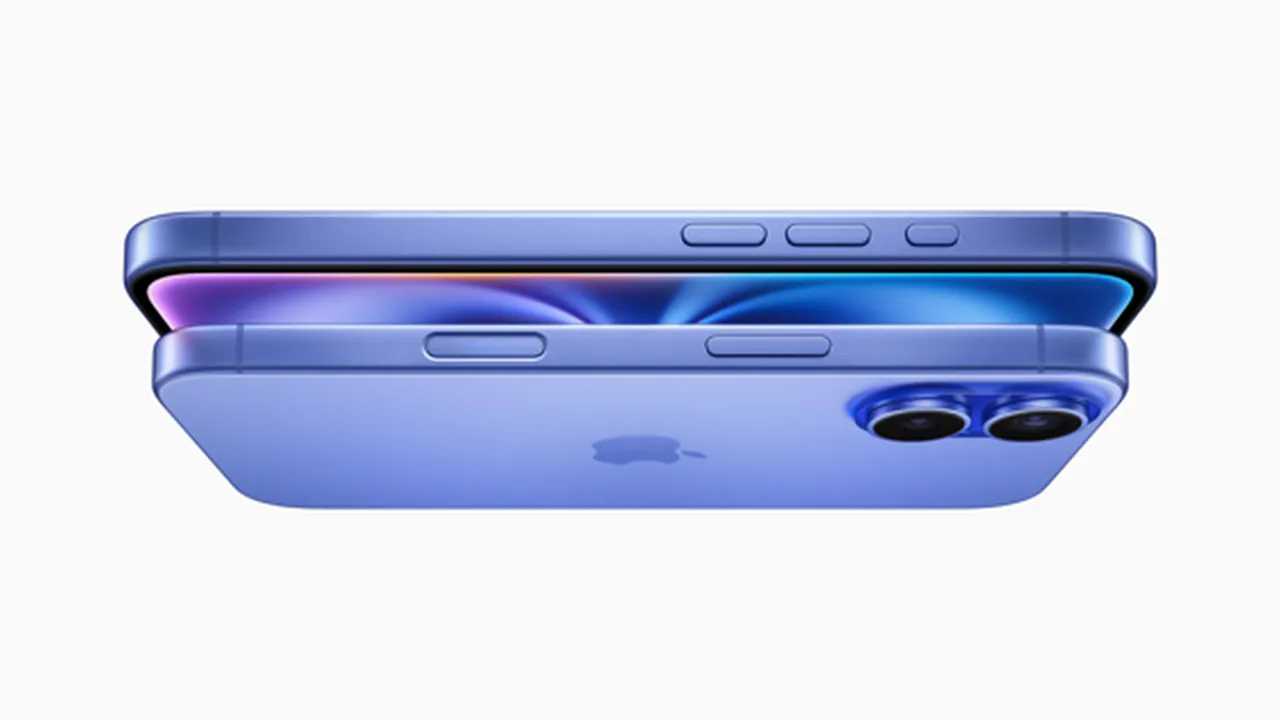 iPhone 16 en color azul con diseño elegante y cámaras duales.