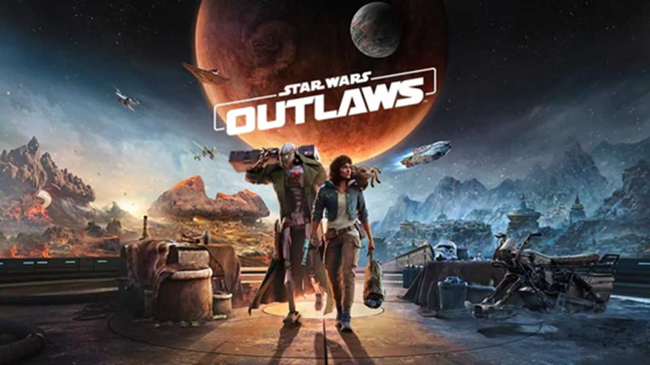 Protagonistas de Star Wars Outlaws frente a un paisaje alienígena.